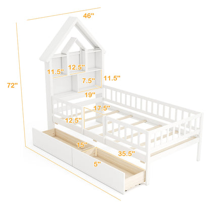 Twin Size Montessori House Bed for Kids with Storage Headboard and Slide-Out Drawers