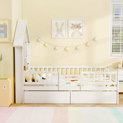 Twin Size Montessori House Bed for Kids with Storage Headboard and Slide-Out Drawers