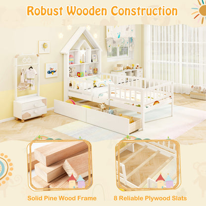 Twin Size Montessori House Bed for Kids with Storage Headboard and Slide-Out Drawers