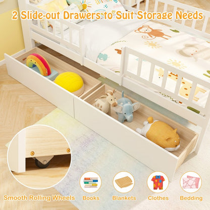 Twin Size Montessori House Bed for Kids with Storage Headboard and Slide-Out Drawers