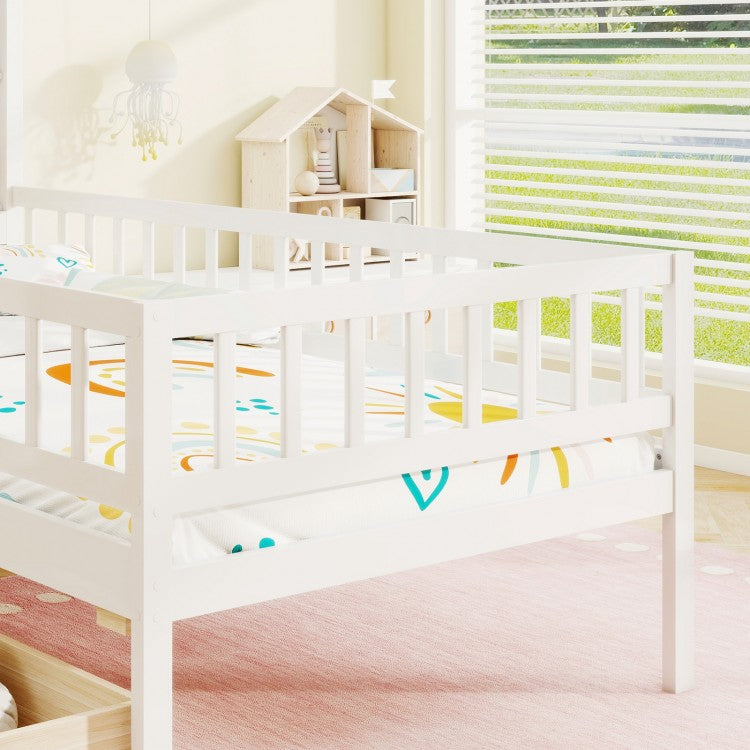 Twin Size Montessori House Bed for Kids with Storage Headboard and Slide-Out Drawers