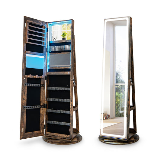 4-in-1 Standing Jewelry Cabinet with Full-Length LED Mirror, Lockable Storage, Rotating Base and Foldable Vanity Shelf – Coffee