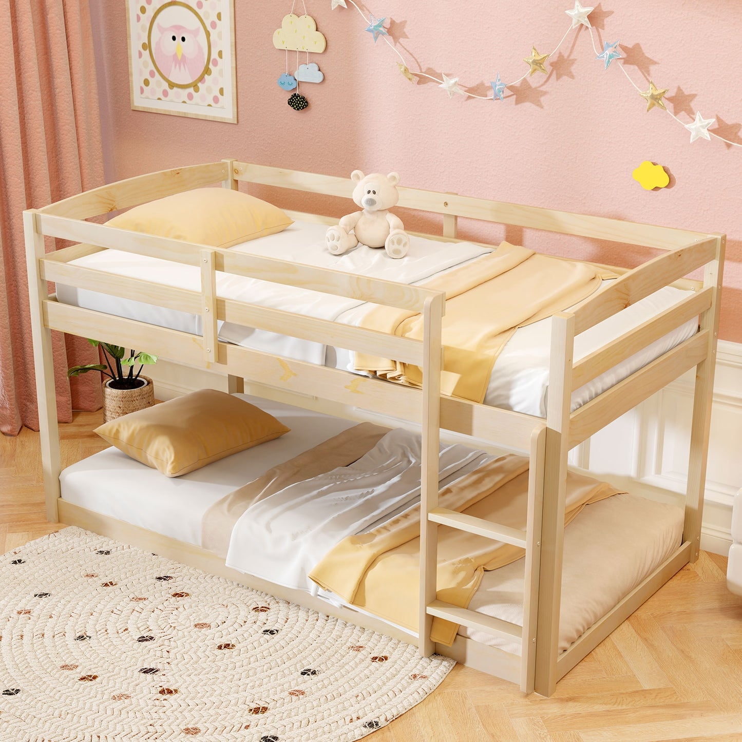 Sturdy Twin Size Bunk Bed with High Safety Guardrails and Integrated Ladder - Natural