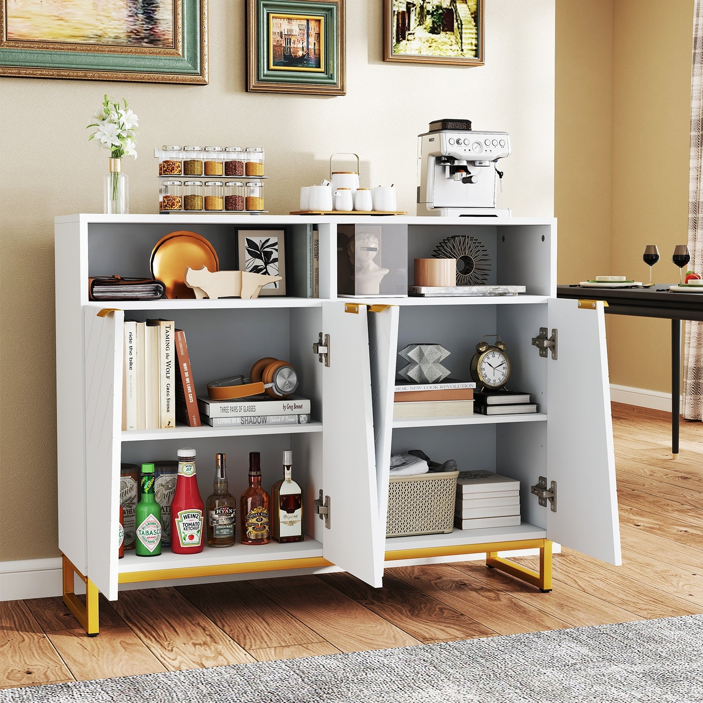 Contemporary 4-Door Storage Sideboard with Adjustable Shelves for Kitchen and Living Room