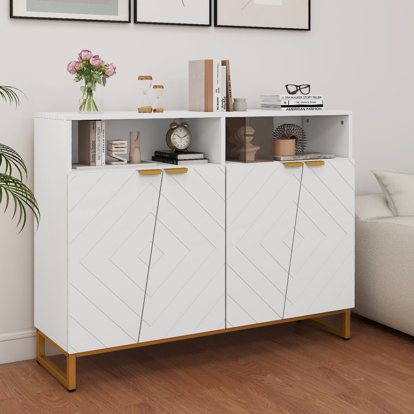 Contemporary 4-Door Storage Sideboard with Adjustable Shelves for Kitchen and Living Room