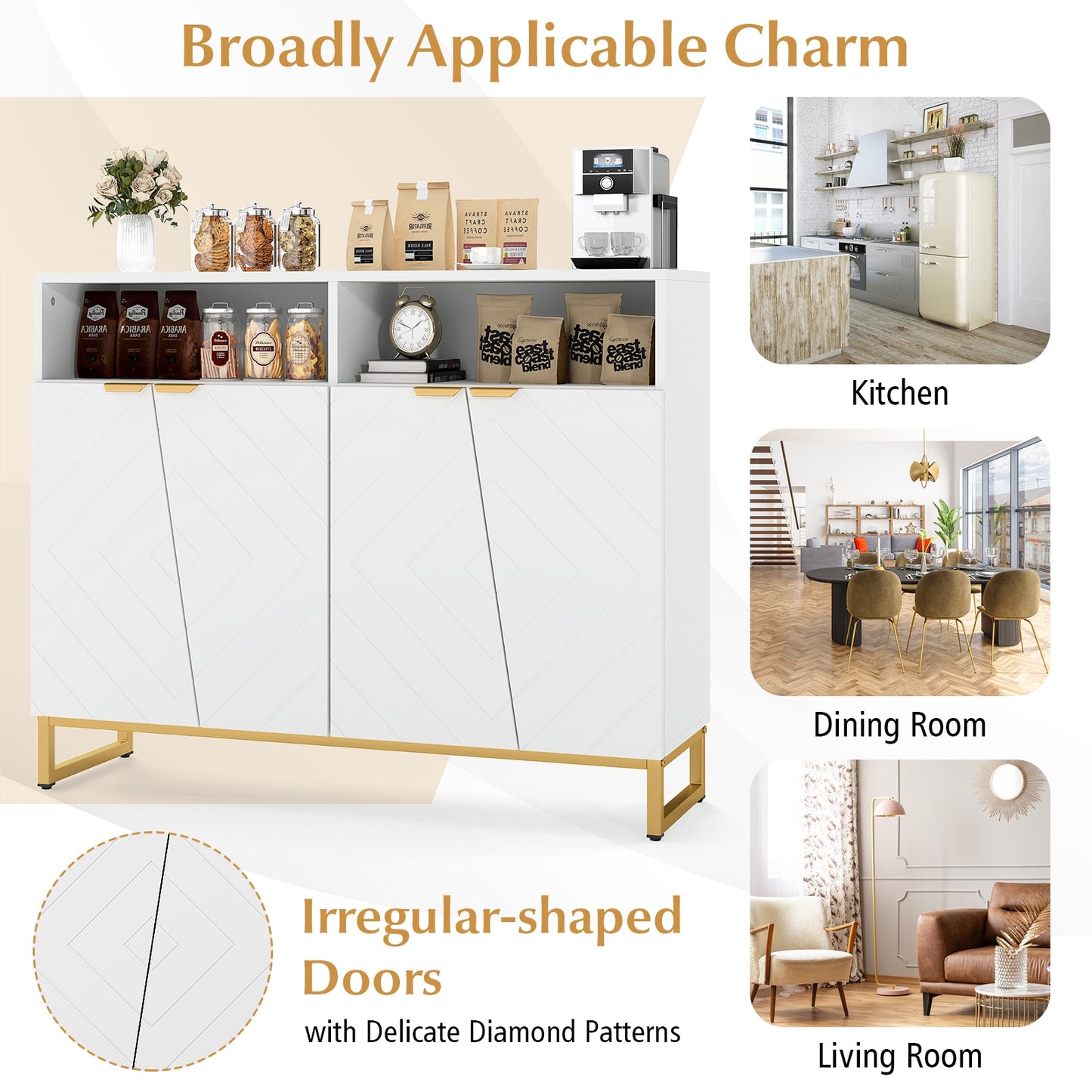 Contemporary 4-Door Storage Sideboard with Adjustable Shelves for Kitchen and Living Room