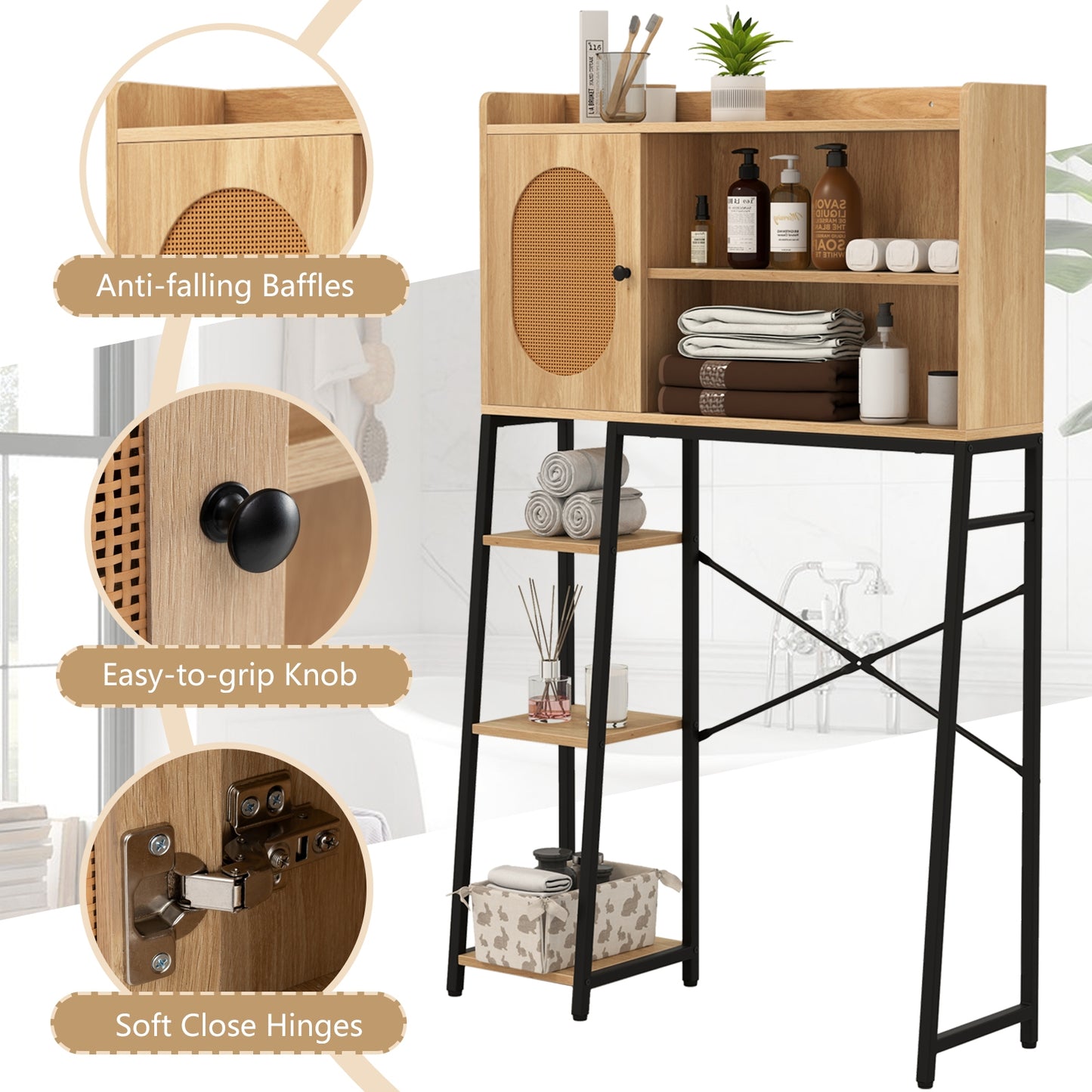 Elegant Over-The-Toilet Storage Cabinet with PE Rattan Door and Versatile Shelving