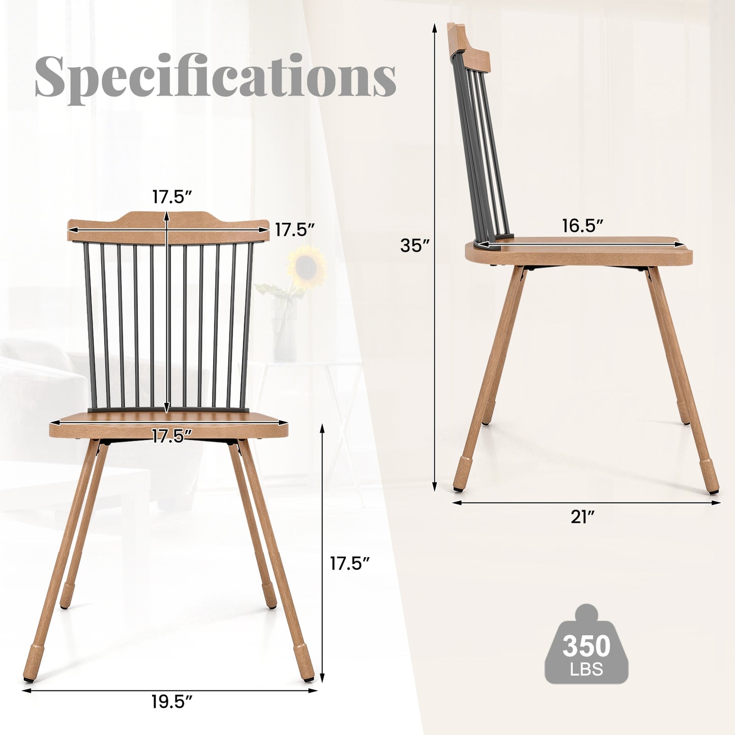 Spindle Back Dining Chairs with Ergonomic Contoured Seat for Comfort Set of 2