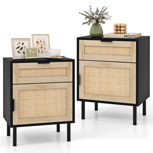 Set of 2 Rattan Nightstands with Drawer and Cabinet in Black and Natural Finish