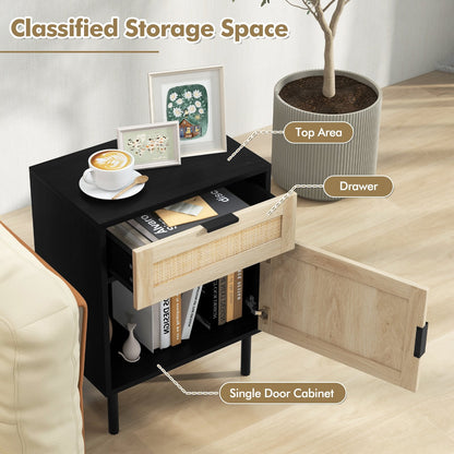 Set of 2 Rattan Nightstands with Drawer and Cabinet in Black and Natural Finish