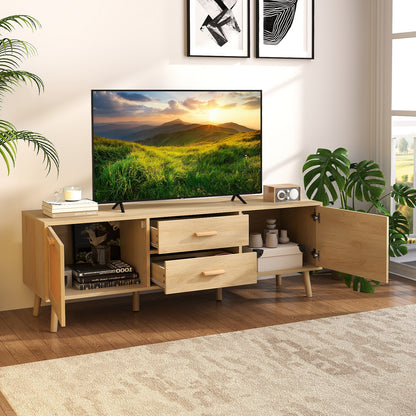 Boho Rattan TV Stand with Drawers and Solid Wood Legs for TVs up to 65 Inches