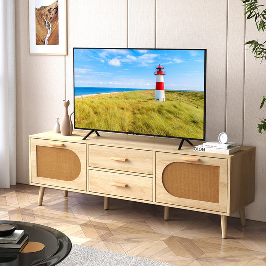 Boho Rattan TV Stand with Drawers and Solid Wood Legs for TVs up to 65 Inches