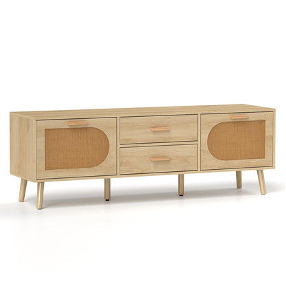 Boho Rattan TV Stand with Drawers and Solid Wood Legs for TVs up to 65 Inches