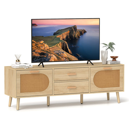 Boho Rattan TV Stand with Drawers and Solid Wood Legs for TVs up to 65 Inches