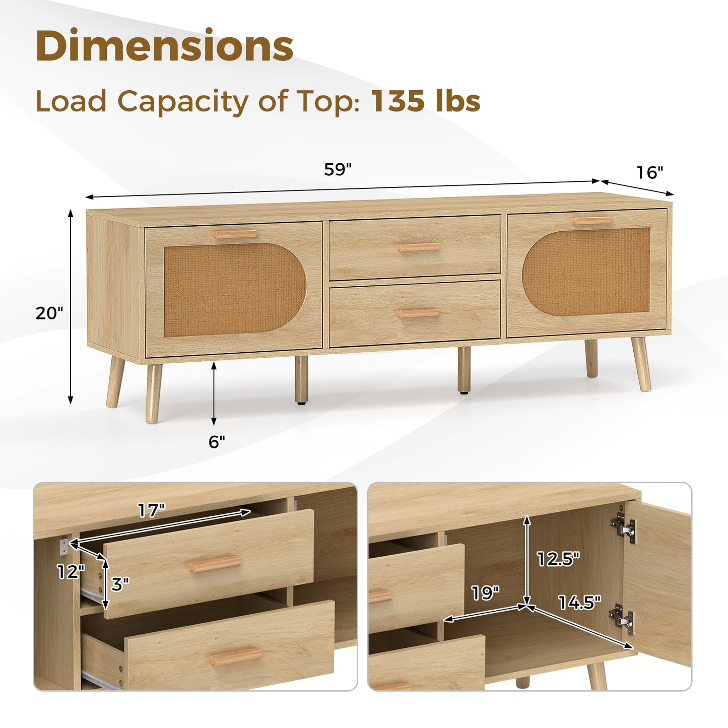 Boho Rattan TV Stand with Drawers and Solid Wood Legs for TVs up to 65 Inches