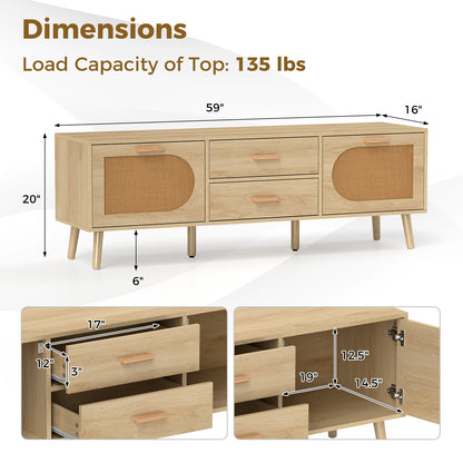 Boho Rattan TV Stand with Drawers and Solid Wood Legs for TVs up to 65 Inches