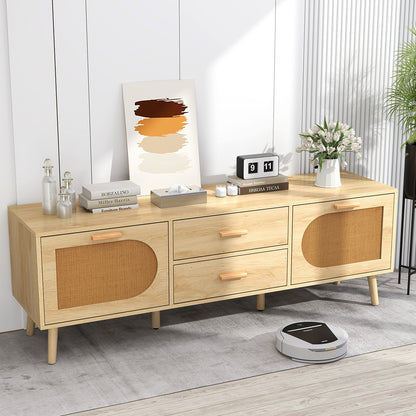 Boho Rattan TV Stand with Drawers and Solid Wood Legs for TVs up to 65 Inches