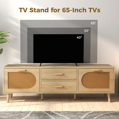 Boho Rattan TV Stand with Drawers and Solid Wood Legs for TVs up to 65 Inches