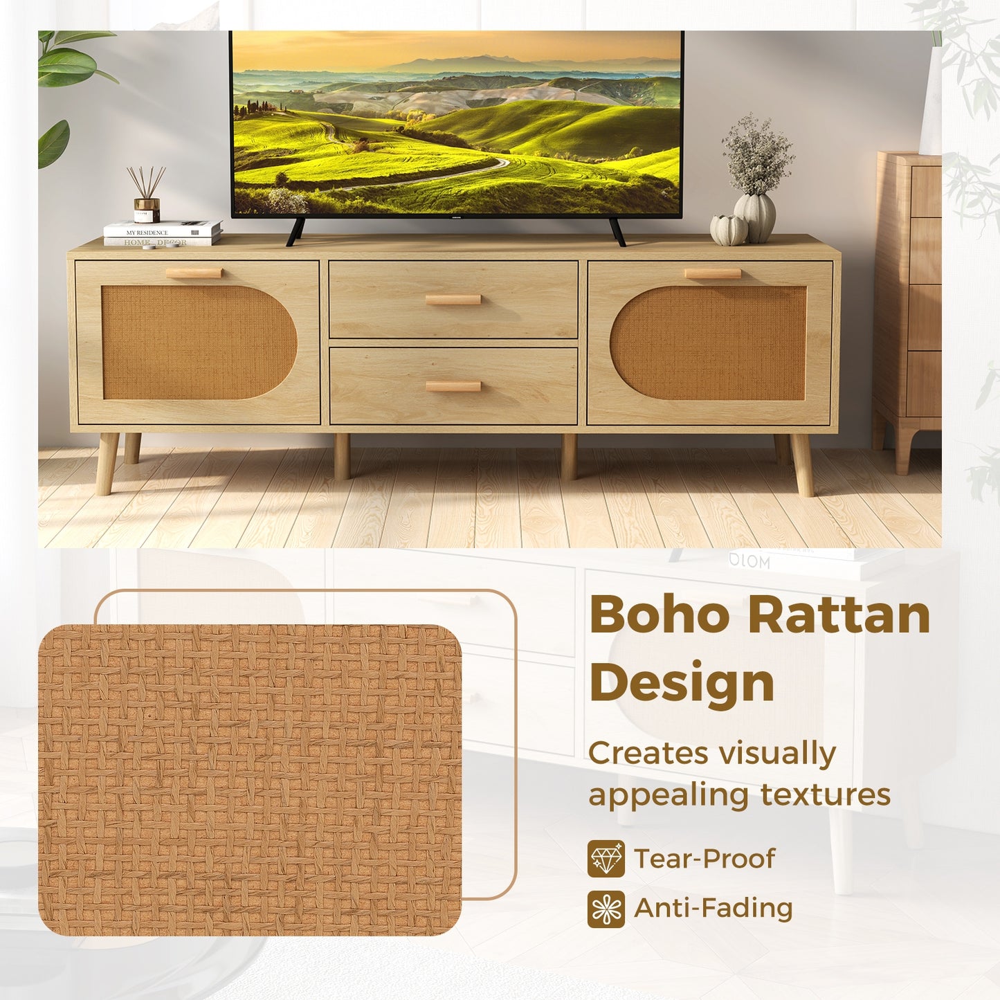 Boho Rattan TV Stand with Drawers and Solid Wood Legs for TVs up to 65 Inches