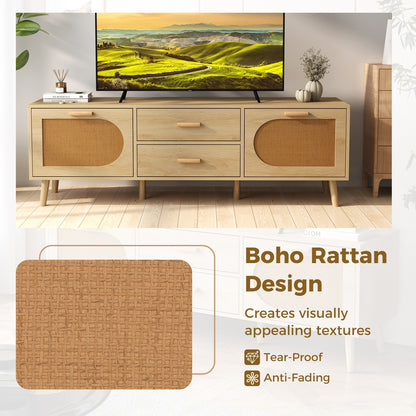 Boho Rattan TV Stand with Drawers and Solid Wood Legs for TVs up to 65 Inches