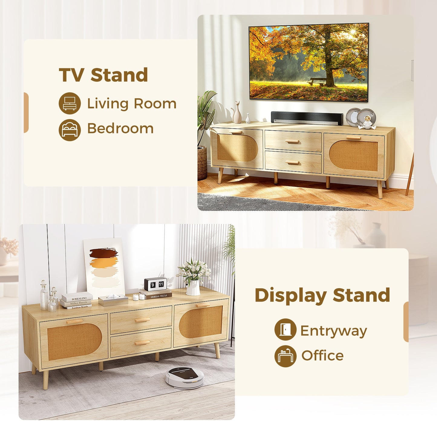 Boho Rattan TV Stand with Drawers and Solid Wood Legs for TVs up to 65 Inches