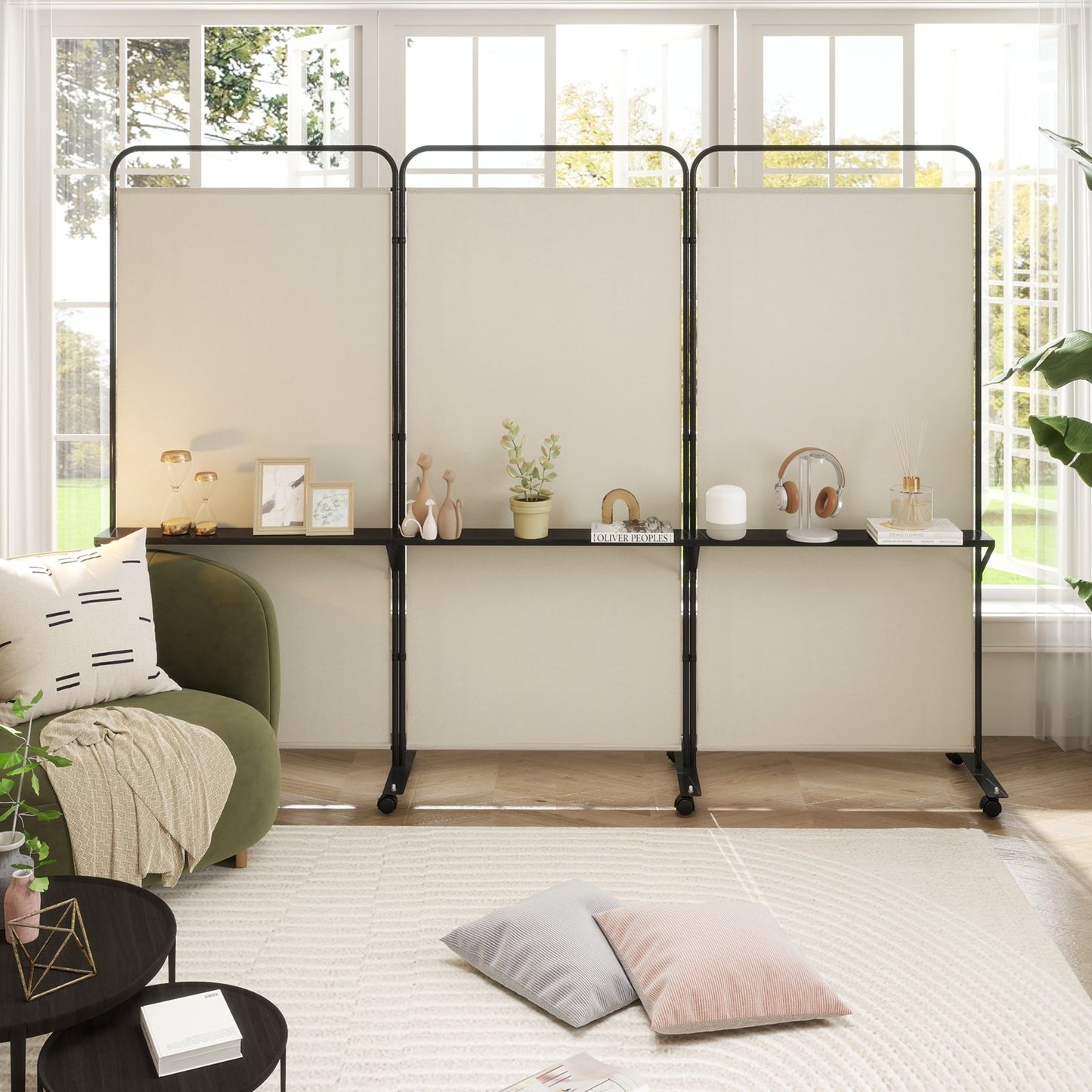 3-Panel Rolling Privacy Screen with 3 Metal Shelves and 180° Swivel Hinges - Beige