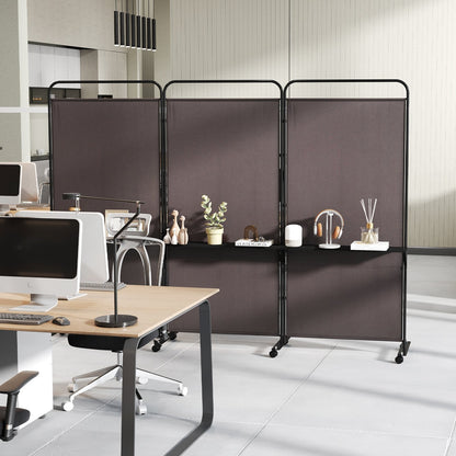 3-Panel Rolling Privacy Screen with 3 Metal Shelves and 180° Swivel Hinges - Brown