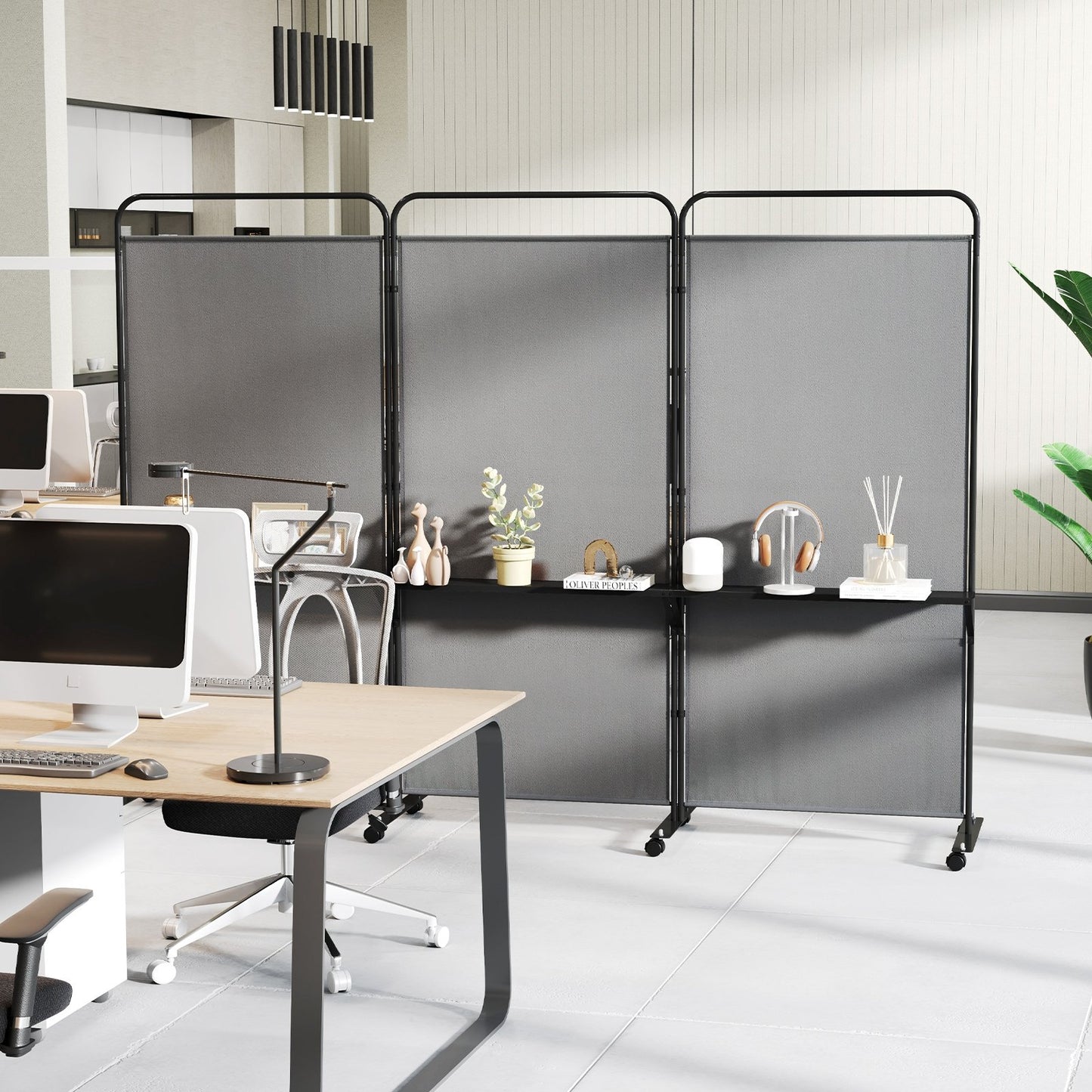 3-Panel Rolling Privacy Screen with 3 Metal Shelves and 180° Swivel Hinges - Grey