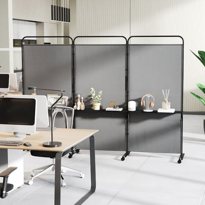 3-Panel Rolling Privacy Screen with 3 Metal Shelves and 180° Swivel Hinges - Grey