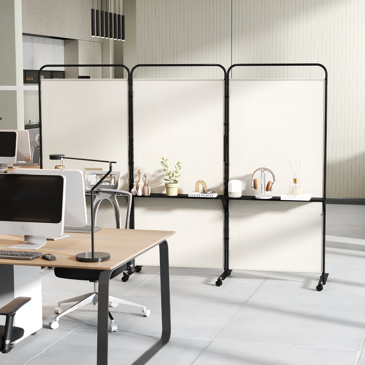 3-Panel Rolling Privacy Screen with 3 Metal Shelves and 180° Swivel Hinges - Beige