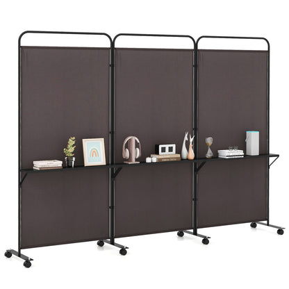 3-Panel Rolling Privacy Screen with 3 Metal Shelves and 180° Swivel Hinges - Brown