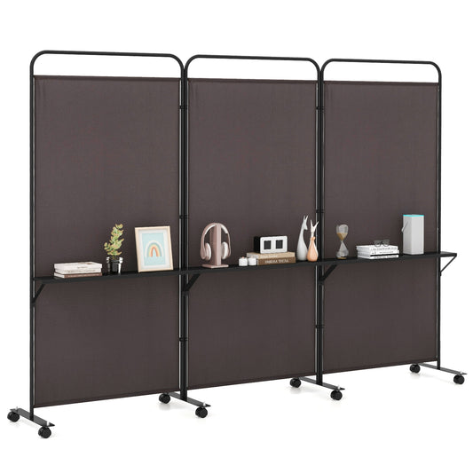 3-Panel Rolling Privacy Screen with 3 Metal Shelves and 180° Swivel Hinges - Brown