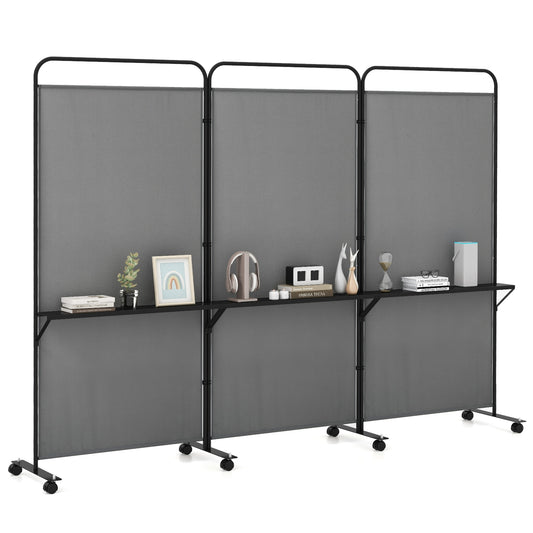 3-Panel Rolling Privacy Screen with 3 Metal Shelves and 180° Swivel Hinges - Grey