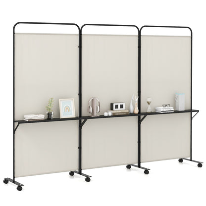 3-Panel Rolling Privacy Screen with 3 Metal Shelves and 180° Swivel Hinges - Beige