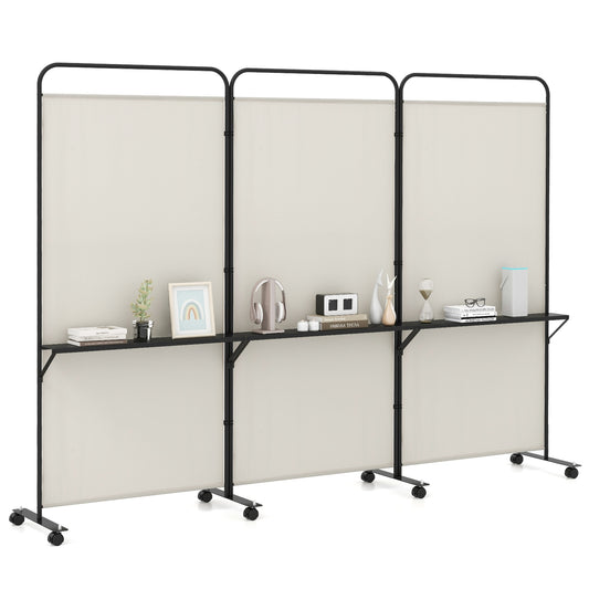 3-Panel Rolling Privacy Screen with 3 Metal Shelves and 180° Swivel Hinges - Beige
