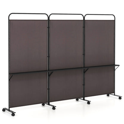 3-Panel Rolling Privacy Screen with 3 Metal Shelves and 180° Swivel Hinges - Brown
