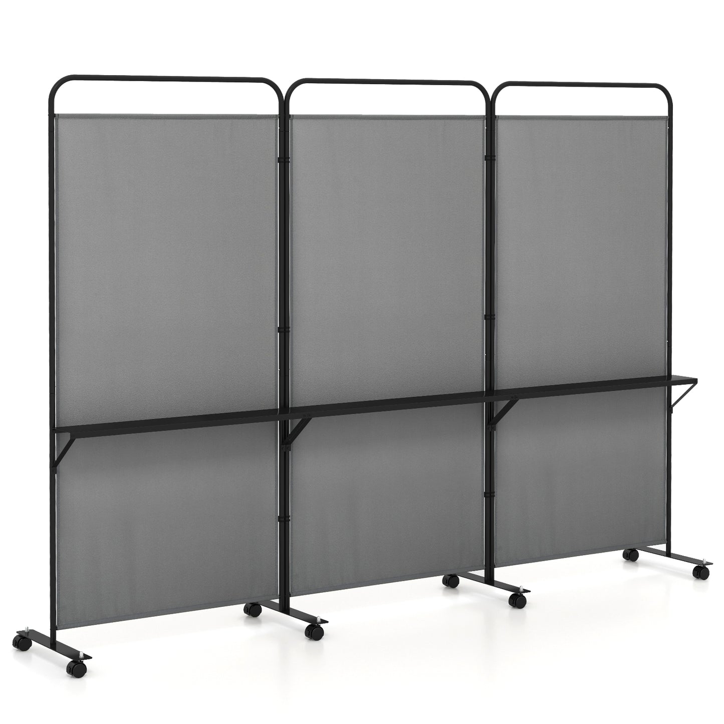 3-Panel Rolling Privacy Screen with 3 Metal Shelves and 180° Swivel Hinges - Grey
