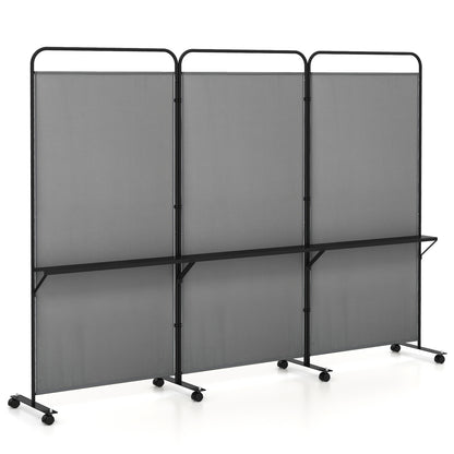 3-Panel Rolling Privacy Screen with 3 Metal Shelves and 180° Swivel Hinges - Grey