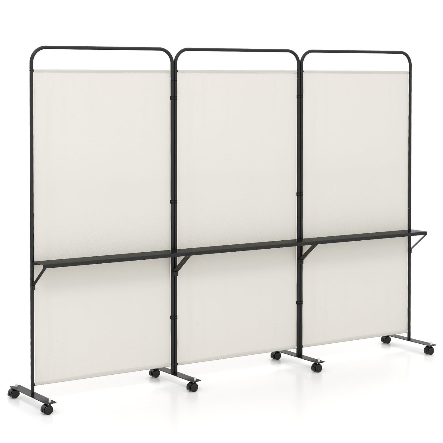 3-Panel Rolling Privacy Screen with 3 Metal Shelves and 180° Swivel Hinges - Beige