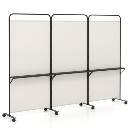 3-Panel Rolling Privacy Screen with 3 Metal Shelves and 180° Swivel Hinges - Beige