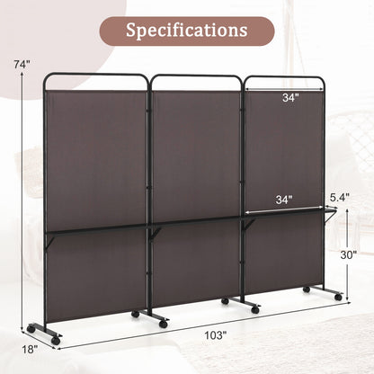 3-Panel Rolling Privacy Screen with 3 Metal Shelves and 180° Swivel Hinges - Brown