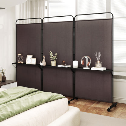 3-Panel Rolling Privacy Screen with 3 Metal Shelves and 180° Swivel Hinges - Brown