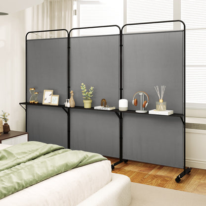 3-Panel Rolling Privacy Screen with 3 Metal Shelves and 180° Swivel Hinges - Grey