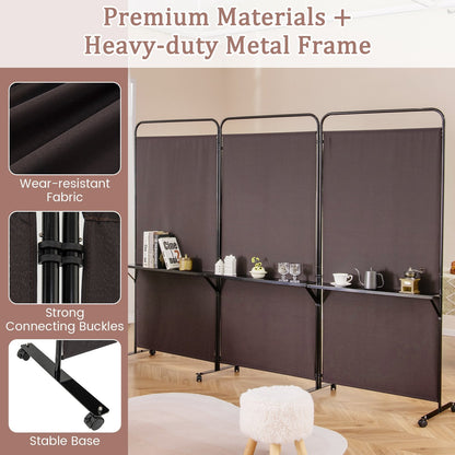 3-Panel Rolling Privacy Screen with 3 Metal Shelves and 180° Swivel Hinges - Brown