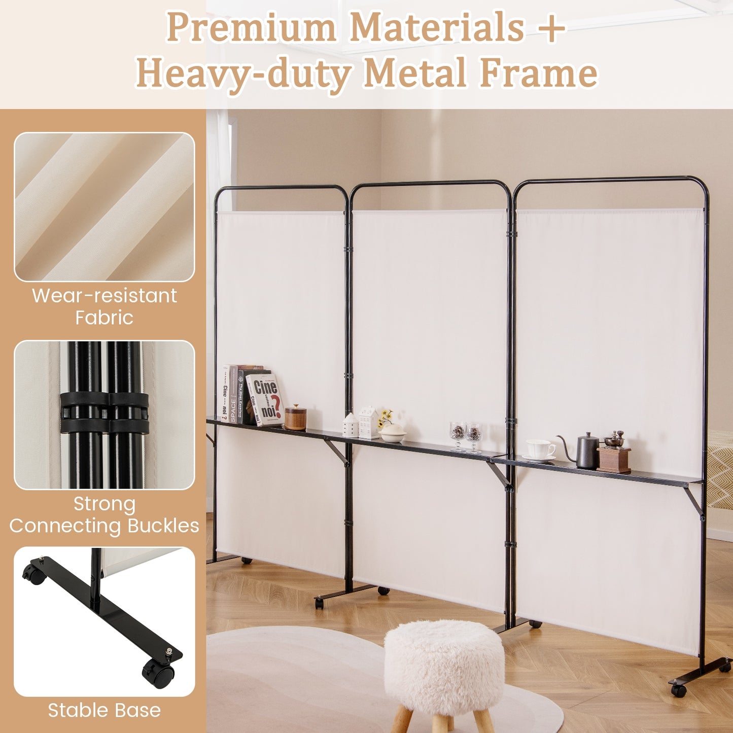 3-Panel Rolling Privacy Screen with 3 Metal Shelves and 180° Swivel Hinges - Beige