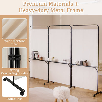 3-Panel Rolling Privacy Screen with 3 Metal Shelves and 180° Swivel Hinges - Beige
