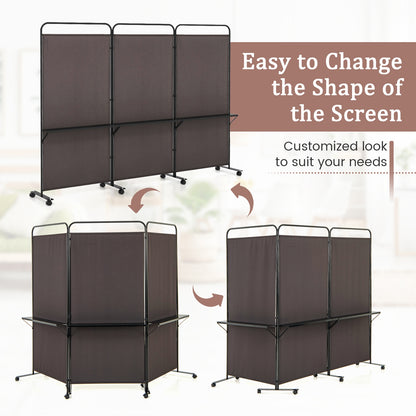 3-Panel Rolling Privacy Screen with 3 Metal Shelves and 180° Swivel Hinges - Brown