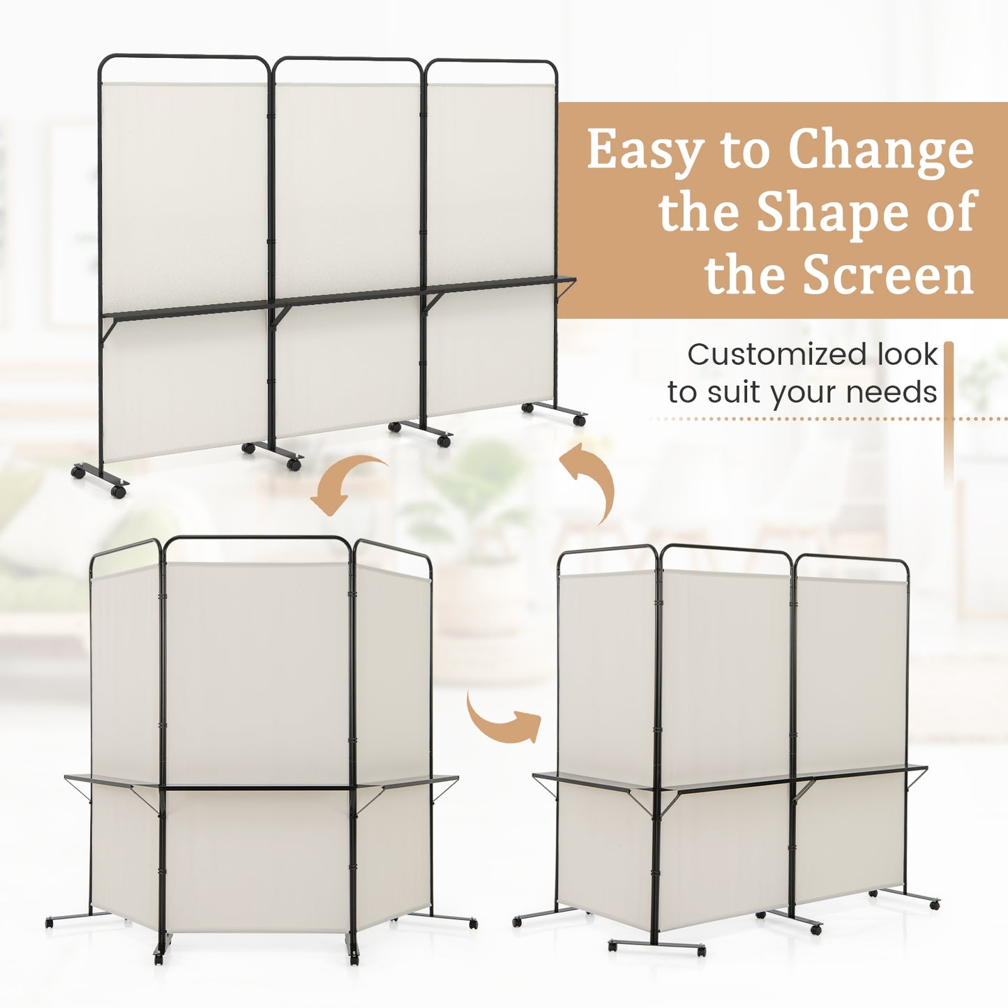 3-Panel Rolling Privacy Screen with 3 Metal Shelves and 180° Swivel Hinges - Beige