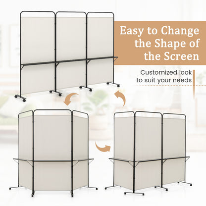 3-Panel Rolling Privacy Screen with 3 Metal Shelves and 180° Swivel Hinges - Beige