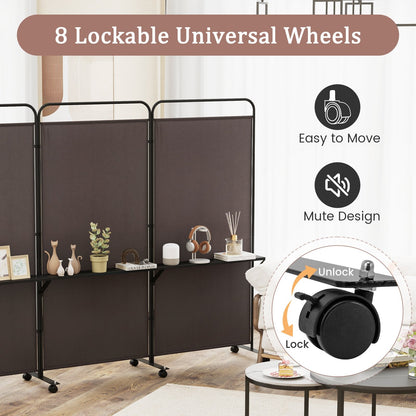 3-Panel Rolling Privacy Screen with 3 Metal Shelves and 180° Swivel Hinges - Brown